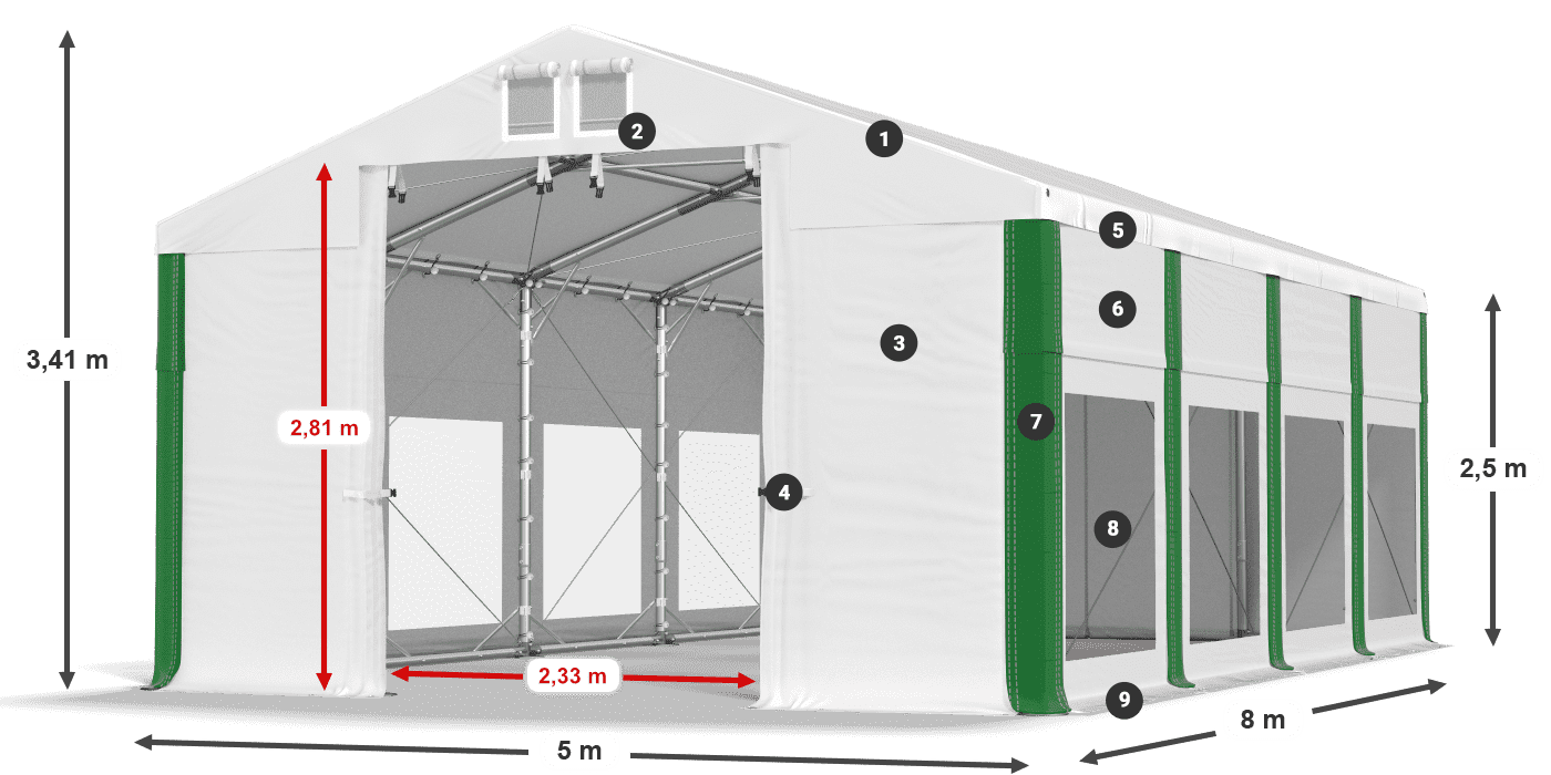 Strecha: MS 580 PVC Steny: MS 580 PVC 2,5 m legenda