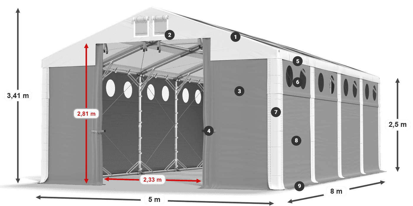 Strecha: MS T 580 PVC Steny: MS O 580 PVC 2,5 m legenda