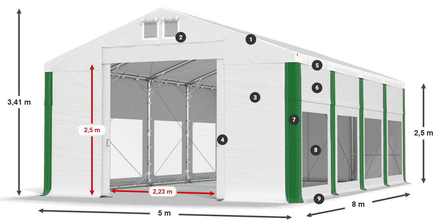 Strecha: MS 580 PVC Steny: MS 580 PVC 2,5 m legenda