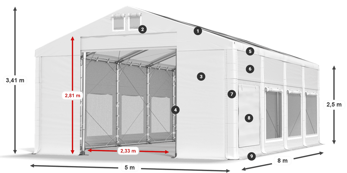 Strecha: MS T 580 PVC Steny: SD M 500 PVC 2,5 m legenda