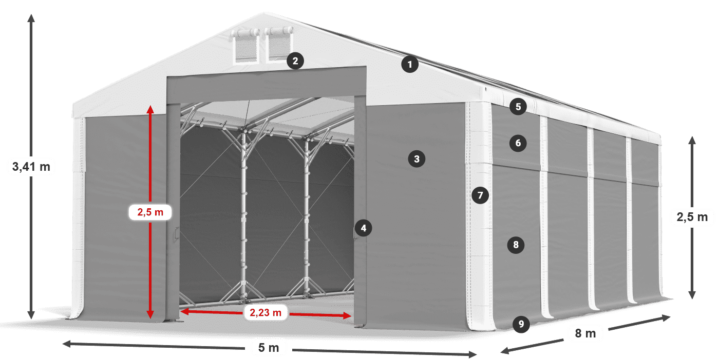 Strecha: MS T 580 PVC Steny: SD 500 PVC 2,5 m legenda