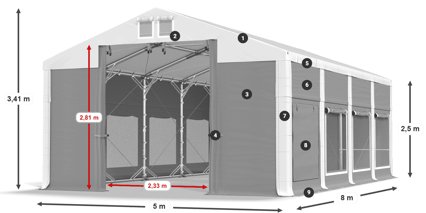 Strecha: MS 580 PVC Steny: SD M 500 PVC 2,5 m legenda