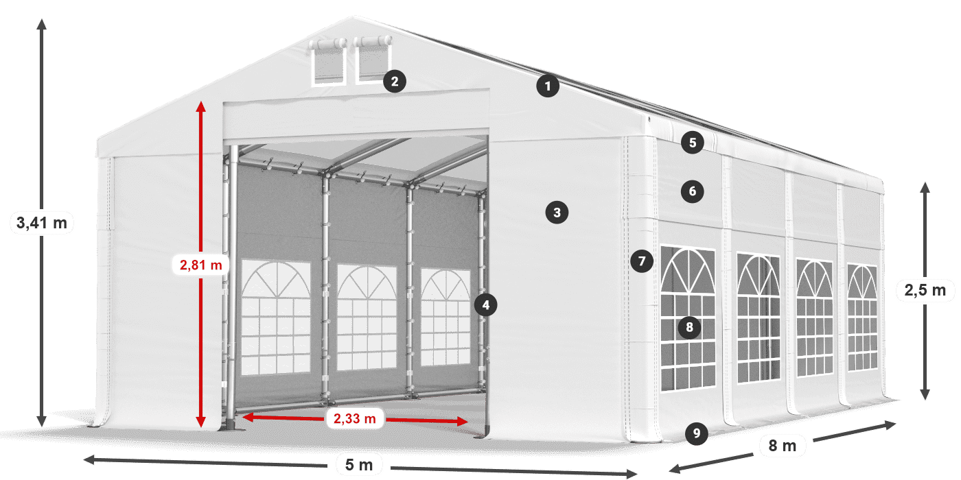 Strecha: MS 580 PVC Steny: SD 500 PVC 2,5 m legenda