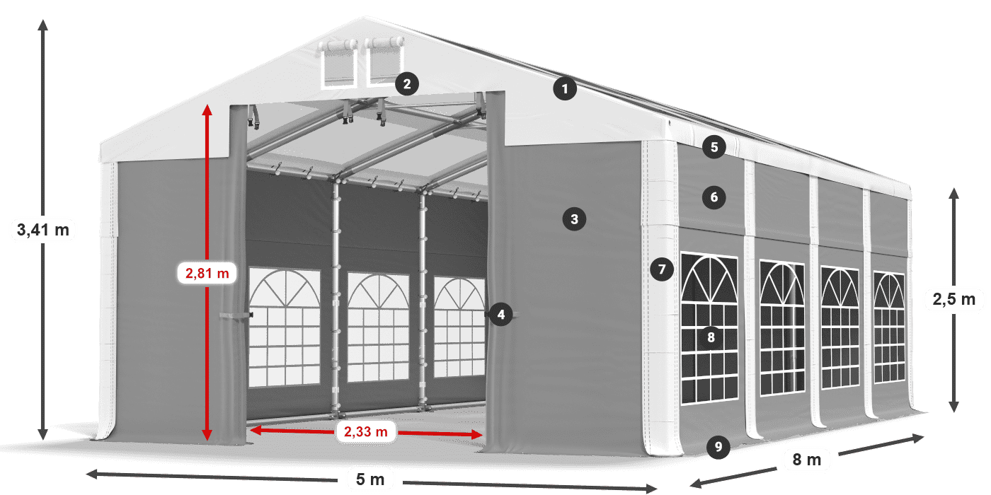 Strecha: MS 580 PVC Steny: SD 500 PVC 2,5 m legenda