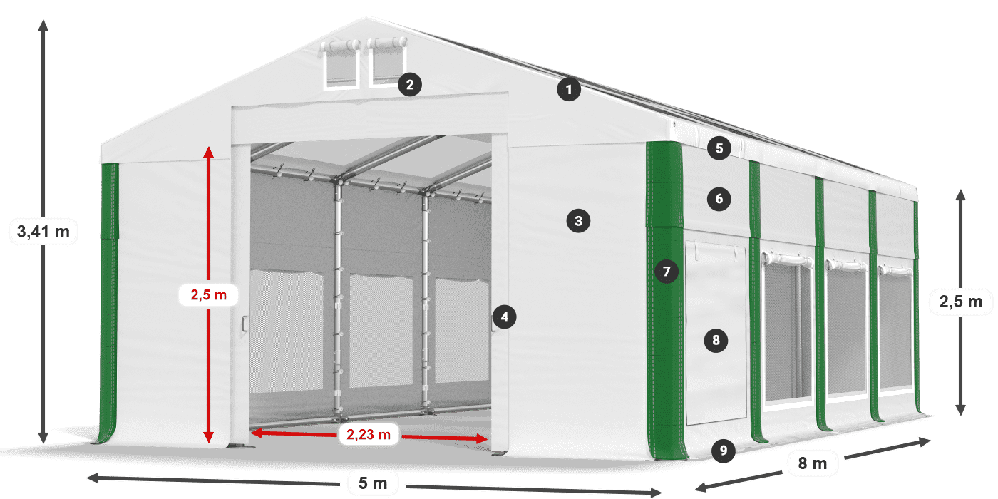 Strecha: MS T 580 PVC Steny: SD M 500 PVC 2,5 m legenda