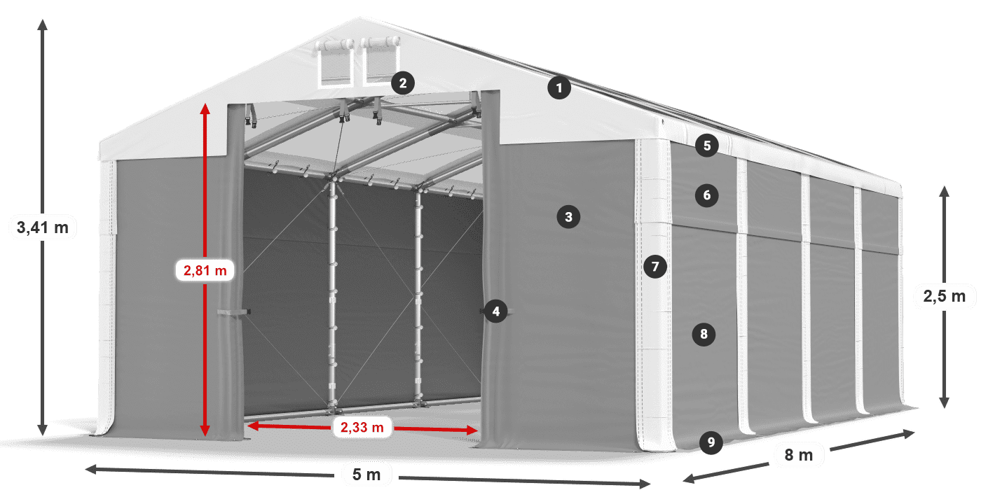 Strecha: MS T 580 PVC Steny: SD 500 PVC 2,5 m legenda