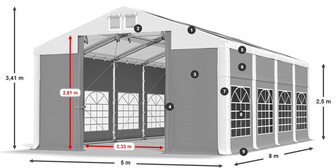 Strecha: MS 580 PVC Steny: SD 500 PVC 2,5 m legenda