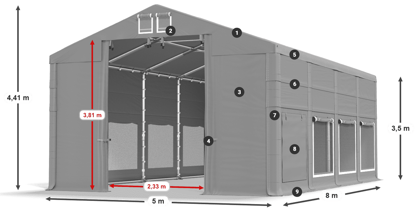 Strecha: MS 580 PVC Steny: SD M 500 PVC 3,5 m legenda