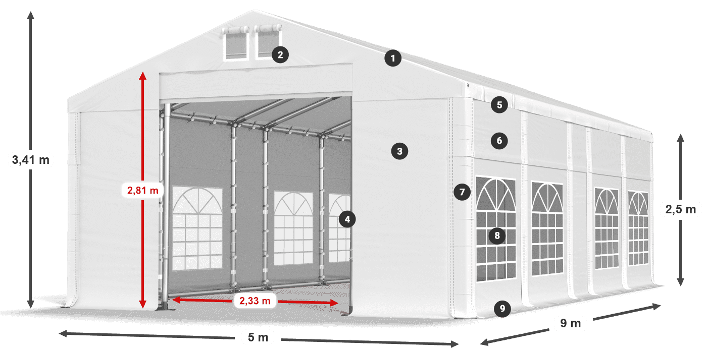 Strecha: MS 580 PVC Steny: FR 620 PVC 2,5 m legenda