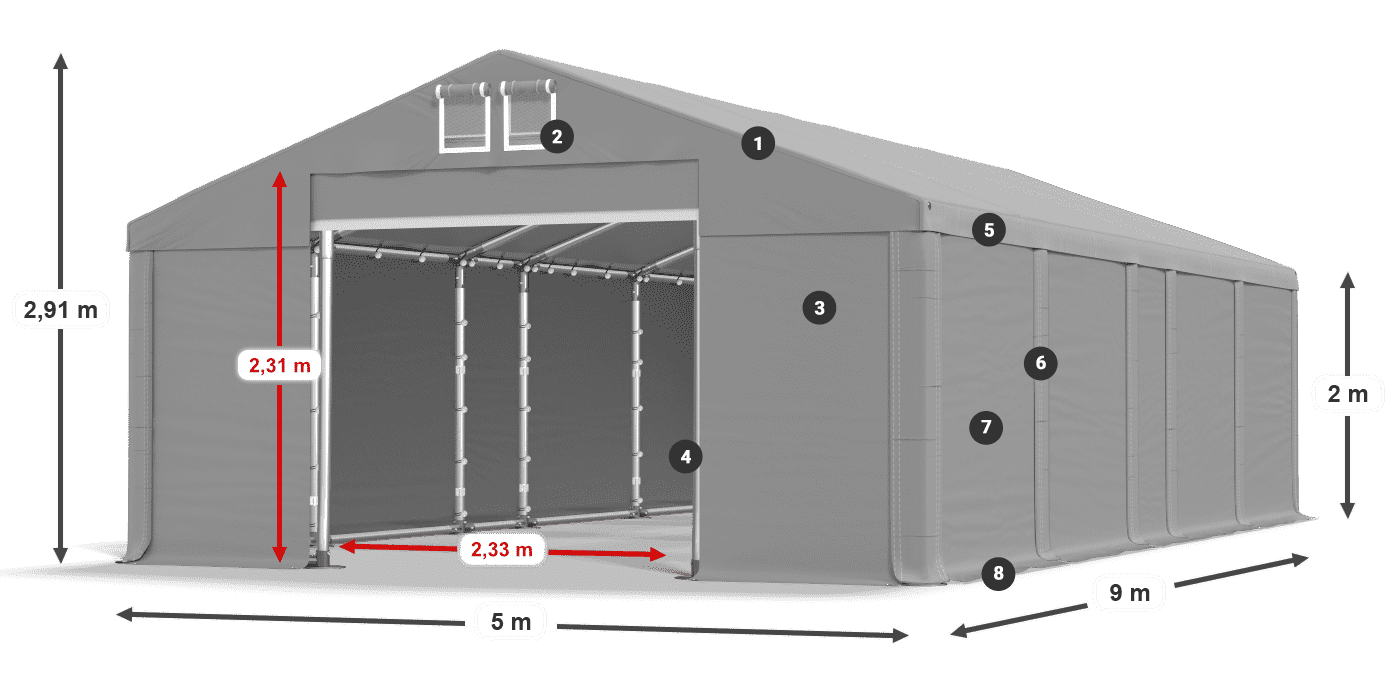 Strecha: MS 580 PVC Steny: FR M 620 PVC 2m legenda
