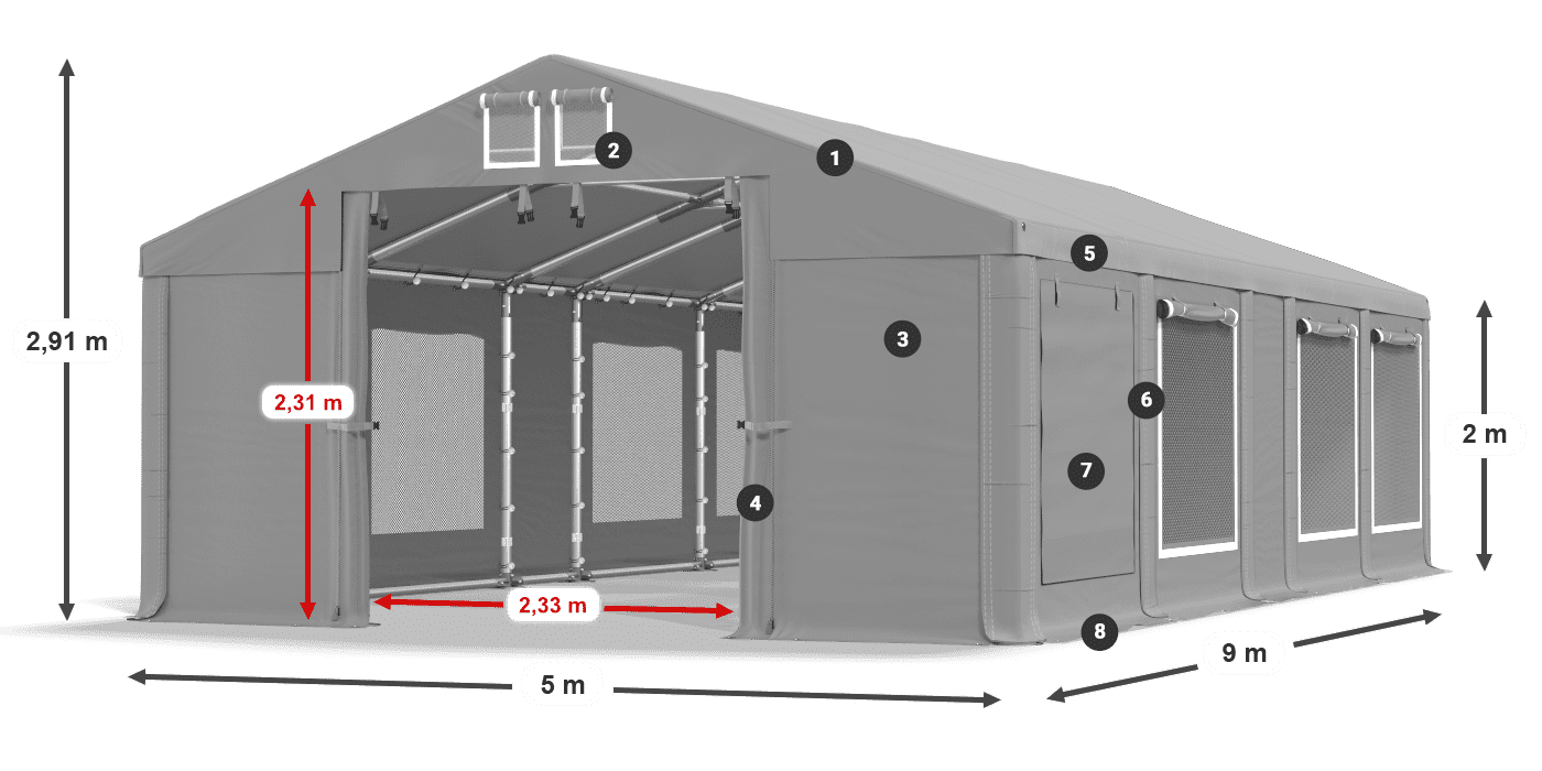 Strecha: MS 580 PVC Steny: SD M 500 PVC 2 m legenda