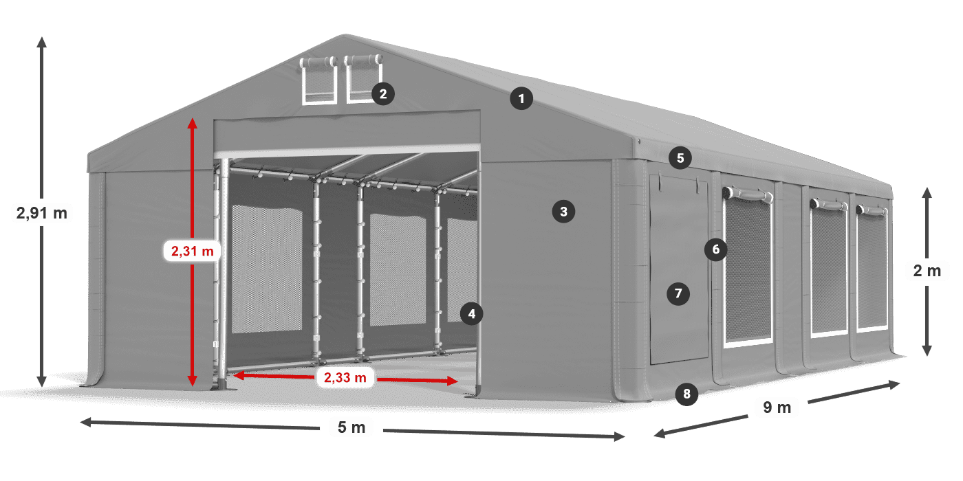 Strecha: MS 580 PVC Steny: SD M 500 PVC 2 m legenda