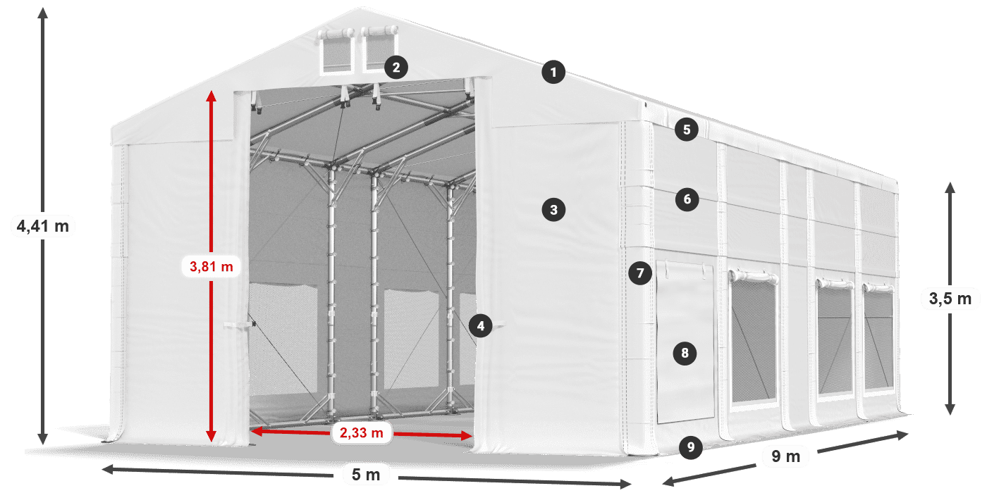 Strecha: MS 580 PVC Steny: SD M 500 PVC 3,5 m legenda