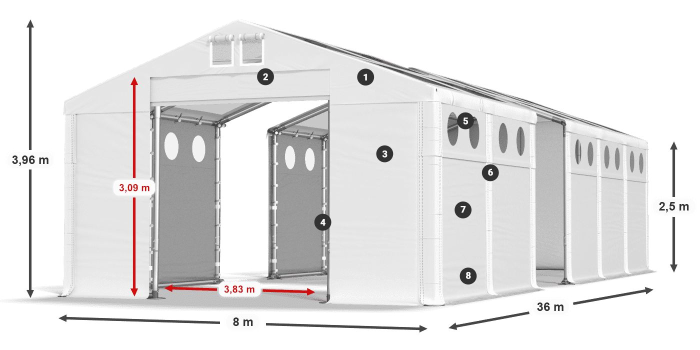 Strecha: MS T 580 PVC Steny: SD O 500 PVC 2,5 m legenda