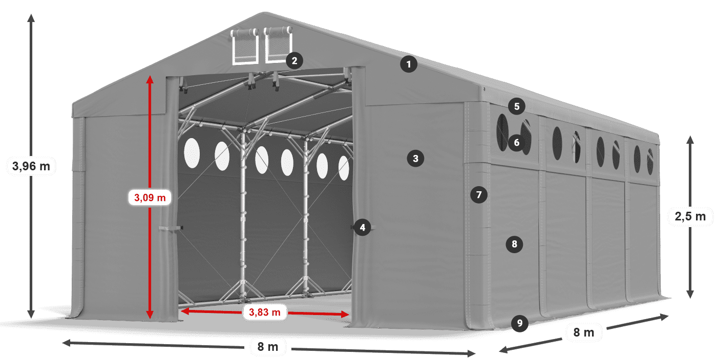 Strecha: FR 620 PVC Steny: MS O 580 PVC 2,5 m legenda