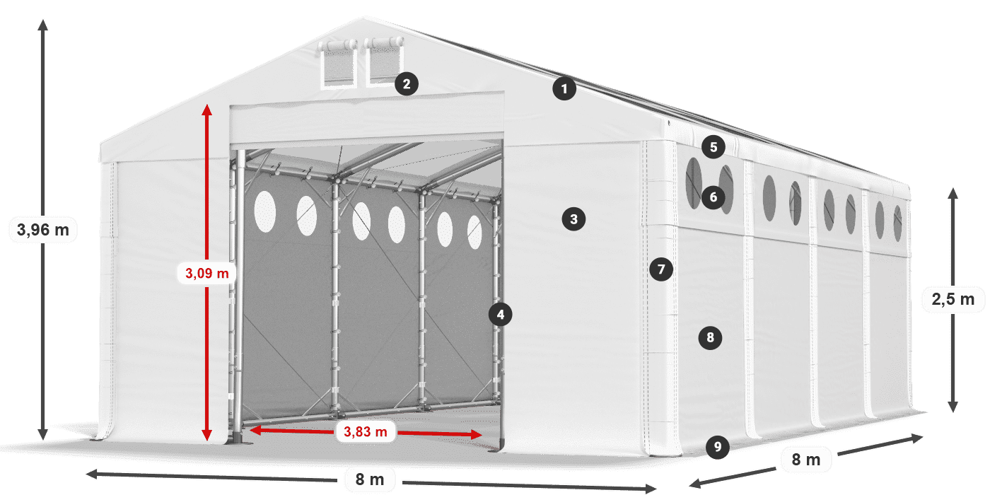 Strecha: MS T 580 PVC Steny: FR O 620 PVC 2,5 m legenda