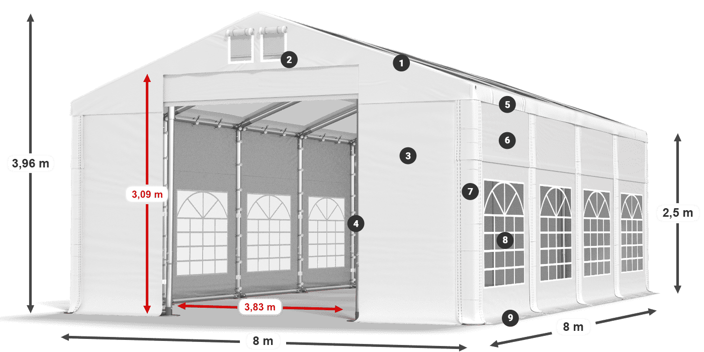 Strecha: MS T 580 PVC Steny: FR 620 PVC 2,5 m legenda