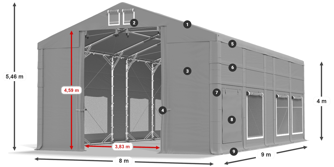 Strecha: MS 580 PVC Steny: SD M 500 PVC 4 m legenda